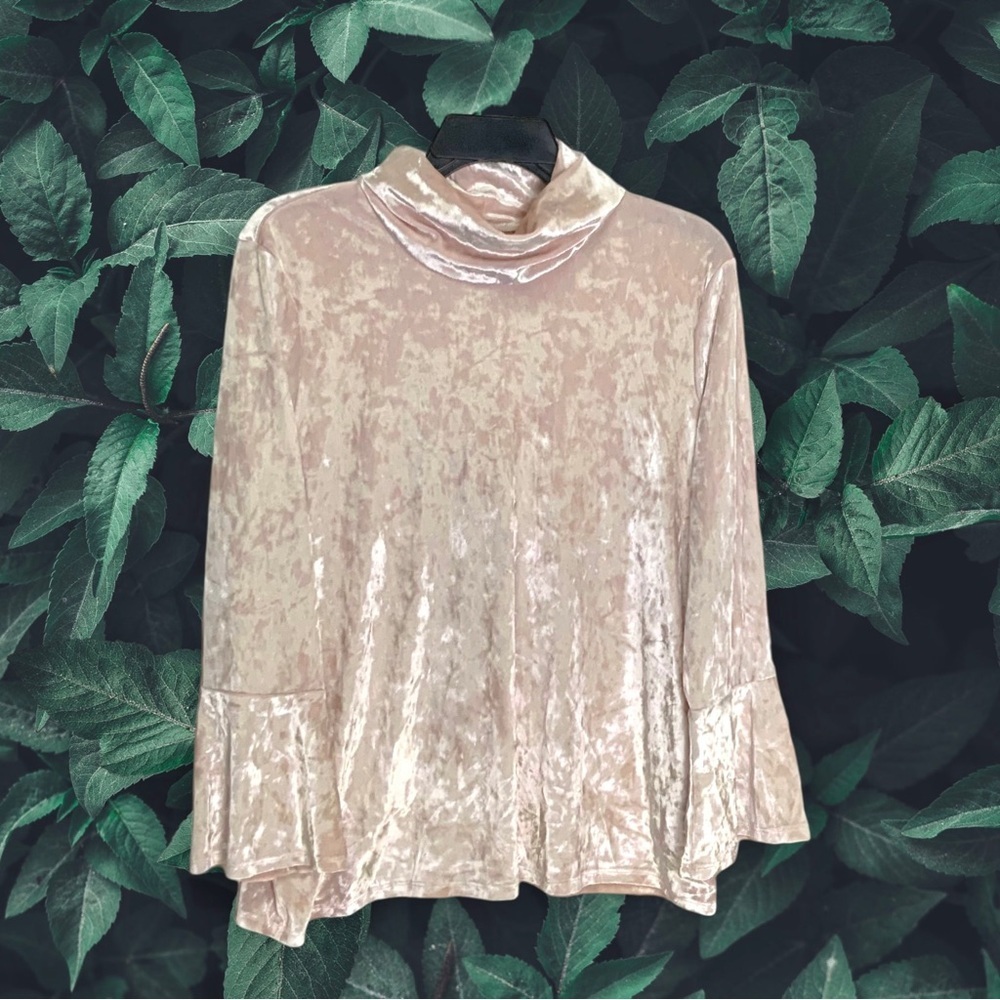 Ruby Rd Blush Beige 3/4 Sleeve Stretchy Top w Crushed Velvet Look Wm Petite M